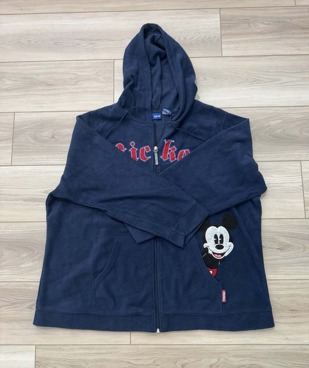 Vintage Y2K Disney Mickey Mouse Old English Fleece Zip Hoodie Navy 2X Macau Made - Picture 6 of 10